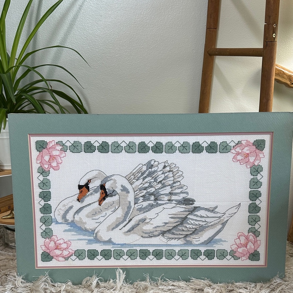 Vintage Swans Lilly Pad Water Lilies Cross Stitch Matted Wall Decor No Frame